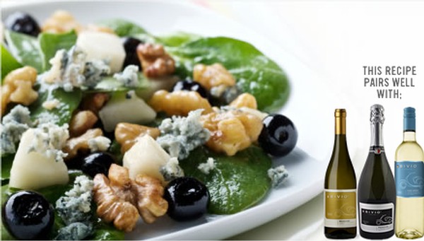 Bluberry Gorgonzola Walnut Salad paired with a trio of Bivio white wines