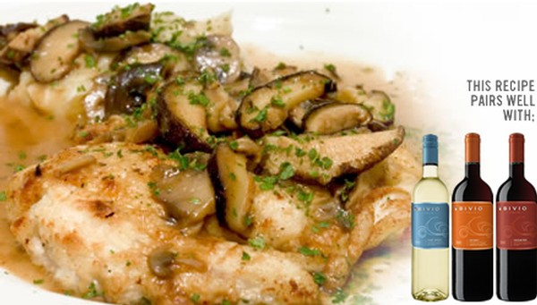 Chicken Marsala with a suggested pairing of 3 different Bivio wines